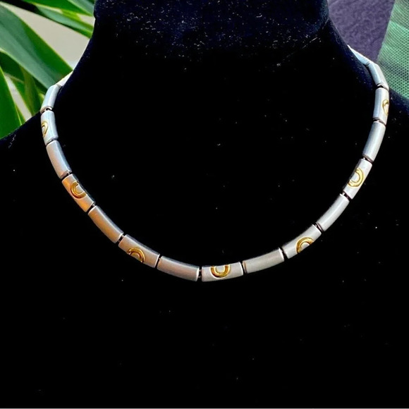 Modernist Two Tone Brushed Metal Choker Necklace with Gold Colored Circles - Picture 1 of 10